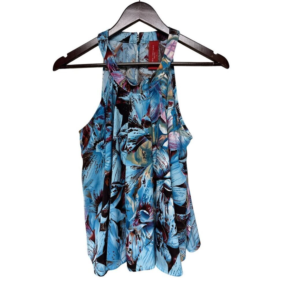 AKIRA Women's Blouse Sleeveless V-Neck Swing Tank Top Blue Floral Tropical Large